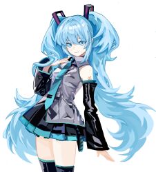 Rule 34 | 1girl, ashi (dongshi389), black footwear, black skirt, black sleeves, blue eyes, blue hair, blue necktie, boots, closed mouth, grey shirt, hatsune miku, highres, long hair, necktie, pleated skirt, shirt, sidelocks, skirt, smile, solo, thigh boots, twintails, very long hair, vocaloid