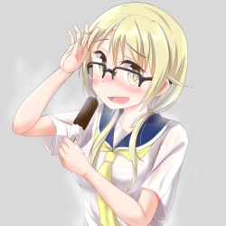 Rule 34 | 1girl, blonde hair, blush, commentary request, dripping, food, glasses, grey background, hand in own hair, highres, holding, holding food, ice cream, ichii yui, looking at viewer, open mouth, scarf, school uniform, serafuku, short sleeves, simple background, smile, steam, sweat, sweaty clothes, twintails, upper body, wet, wet hair, yellow scarf, yuukin, yuyushiki