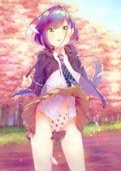 Rule 34 | 1girl, black jacket, blue hair, blue necktie, blurry, bokeh, brown skirt, cherry blossoms, cherry tree, commentary, cowboy shot, darling in the franxx, depth of field, dress shirt, food print, frilled panties, frills, grass, green eyes, hair ornament, hair strand, hairclip, highres, hood, hooded jacket, ichigo (darling in the franxx), jacket, looking at viewer, midriff, midriff peek, miniskirt, necktie, open clothes, open jacket, open mouth, panties, path, pleated skirt, print panties, road, shirt, short hair, skirt, sky, solo, standing, strawberry panties, strawberry print, striped necktie, striped neckwear, suzu (tonami0726), underwear, white shirt, wind, wind lift
