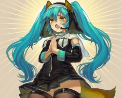 Rule 34 | 1girl, ameno (song), animal ears, black dress, black sleeves, blue hair, blue nails, blush, breasts, brown eyes, brown thighhighs, bsapricot, cross, cross necklace, detached sleeves, dog ears, dog girl, dog tail, doge, dress, fangs, fusion, green eyes, hair between eyes, hatsune miku, headset, highres, jewelry, kemonomimi mode, latin cross, long hair, long sleeves, medium breasts, meme, nail polish, necklace, nun, open mouth, own hands together, palms together, parody, pleated dress, sleeveless, sleeveless dress, solo, tail, thighhighs, twintails, twitter username, veil, very long hair, vocaloid