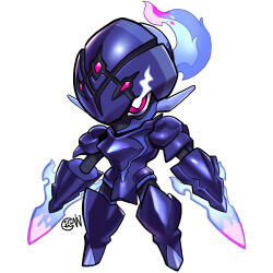 Rule 34 | absurdres, arm blade, armor, artist logo, blue fire, ceruledge, chibi, colored skin, creatures (company), cwdw, fiery hair, fire, game freak, glowing, glowing eyes, highres, looking at viewer, nintendo, no humans, pink eyes, pokemon, pokemon (creature), purple armor, purple helmet, purple skin, simple background, solo, sword, weapon, white background