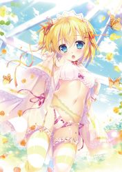 Rule 34 | 1girl, absurdres, blonde hair, blue eyes, bra, bug, butterfly, cameltoe, garter belt, hair between eyes, hair ornament, hair ribbon, headdress, highres, holding, insect, looking at viewer, mikeou, navel, one side up, open mouth, orange ribbon, original, panties, petals, ribbon, scan, see-through, short hair, solo, standing, star (symbol), star hair ornament, thighhighs, underwear, underwear only, white bra, white panties, yellow thighhighs