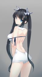 Rule 34 | 10s, 1girl, aqua eyes, arm ribbon, ass, backless dress, backless outfit, bad id, bad pixiv id, bare back, bare shoulders, black hair, blue eyes, bow, breasts, cleavage, cleavage cutout, clothing cutout, cowboy shot, dress, dungeon ni deai wo motomeru no wa machigatteiru darou ka, female focus, from behind, gloves, gradient background, hair ornament, hair ribbon, hestia (danmachi), highres, holding elbow, large breasts, long hair, looking at viewer, looking back, midriff, npt shizuka, panties, pantyshot, rei no himo, ribbon, short dress, sleeveless, sleeveless dress, solo, standing, twintails, underwear, very long hair, white dress, white gloves, white panties