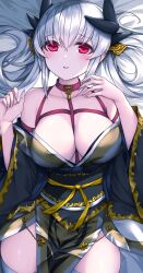 Rule 34 | bare shoulders, black kimono, blush, breasts, collarbone, commentary request, cowboy shot, dragon girl, dragon horns, fate/grand order, fate (series), hands up, highres, horns, japanese clothes, kimono, kiyohime (fate), large breasts, long hair, long sleeves, looking at viewer, lying, morizono shiki, off shoulder, parted lips, red eyes, smile, solo, thighhighs, white hair, white thighhighs, wide sleeves