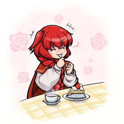 Rule 34 | blush, braid, cake, cake slice, cape, closed mouth, cup, eating, closed eyes, food, fruit, happy, musical note, okazaki yumemi, para (dachsaria), plate, saucer, spoon, strawberry, strawberry shortcake, table, tablecloth, teacup, touhou, touhou (pc-98), utensil in mouth