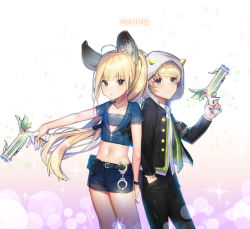 Rule 34 | 1boy, 1girl, absurdres, animal ears, belt, black belt, black eyes, black jacket, black pants, blade &amp; soul, blonde hair, blue jacket, blue shorts, commentary, gun, hand in pocket, highres, holding, holding gun, holding weapon, horns, jacket, k2h, long hair, long sleeves, looking at viewer, lyn (blade &amp; soul), navel, pants, ponytail, shirt, short hair, shorts, smile, weapon, white shirt