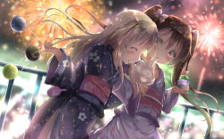 Rule 34 | 2girls, alternate costume, blonde hair, blurry, blush, bokeh, bow, brown eyes, brown hair, closed eyes, commentary request, cotton candy, depth of field, dutch angle, eating, fence, festival, fireworks, flat chest, floral print, food, hair bow, highres, holding, holding food, ice cream, japanese clothes, kantai collection, kimono, libeccio (kancolle), long hair, long sleeves, looking at viewer, mouth hold, multiple girls, natuna natu, night, night sky, obi, outdoors, profile, ro-500 (kancolle), sash, sharing food, side-by-side, sky, star (sky), twintails, wide sleeves, yukata