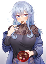 Rule 34 | 1girl, black shirt, blue coat, blue eyes, blue hair, blue nails, blush, box, breasts, candy, chocolate, chocolate heart, coat, fingernails, food, gift, gift box, gotland (kancolle), gradient background, grey skirt, hair between eyes, heart, holding, holding gift, kantai collection, large breasts, long hair, long sleeves, mole, mole under eye, mouth hold, nail polish, official alternate costume, open clothes, open coat, plaid, plaid skirt, rui shi (rayze ray), shirt, skirt, solo, upper body, valentine