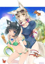 Rule 34 | 2girls, ;d, animal ears, ball, beachball, beads, bikini, black hair, blue eyes, blush, bouncing breasts, breasts, cleavage, cloud, collar, crab, day, earrings, fang, food, fox ears, ice cream, ice cream cone, ikayaki, innertube, jewelry, large breasts, lens flare, locked arms, magatama, multiple girls, multiple tails, navel, necklace, one-piece swimsuit, one eye closed, open mouth, original, plaid, plaid bikini, prayer beads, school swimsuit, silver hair, smile, sunglasses, swim ring, swimsuit, tail, thigh strap, wink, won (az hybrid), yellow eyes