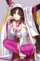 Rule 34 | 10s, 1girl, aosaki yukina, bare shoulders, black hair, boots, breasts, cleavage, collarbone, detached sleeves, covered erect nipples, facial mark, fate/extra, fate/extra ccc, fate (series), forehead mark, high heel boots, high heels, horns, large breasts, long hair, long sleeves, looking at viewer, pink footwear, sessyoin kiara, smile, solo, squatting, tattoo, thigh boots, thighhighs, veil, very long hair, wavy hair, wide sleeves, yellow eyes