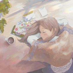 Rule 34 | 1girl, brown hair, closed eyes, closed mouth, coffee, cup, day, desk, envelope, highres, long hair, mug, notebook, original, saisho (qpoujr), scenery, sleeping, sleeping upright, smile, solo