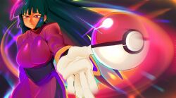 Rule 34 | 1girl, breasts, cashumeru, closed mouth, creatures (company), dress, game freak, gloves, highres, large breasts, long hair, long sleeves, looking at viewer, nintendo, outstretched arm, poke ball, poke ball (basic), pokemon, pokemon frlg, purple eyes, sabrina (pokemon), solo, white gloves