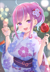 Rule 34 | 1girl, ahoge, alternate costume, blue hair, blue nails, blush, breasts, candy apple, colored inner hair, commentary, floral print, food, hair ornament, hands up, highres, holding, hololive, japanese clothes, keikei (kitty colors), kimono, large breasts, looking at viewer, minato aqua, multicolored hair, obi, open mouth, print kimono, purple eyes, purple hair, sash, short hair, smile, solo, streaked hair, two-tone hair, upper body, virtual youtuber, white kimono, wide sleeves, yukata
