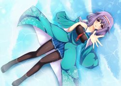 Rule 34 | 10s, 1girl, :o, absurdres, arm up, black pantyhose, blue skirt, blush, breasts, collarbone, from above, headband, highres, kantai collection, looking at viewer, lying, lying on water, medium breasts, necktie, on back, outstretched arm, pantyhose, parted lips, partially submerged, pleated skirt, purple eyes, purple hair, red necktie, remodel (kantai collection), ryuuhou (kancolle), shenqi (toid310), skirt, soaking feet, taigei (kancolle)