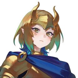 Rule 34 | 1girl, armor, blonde hair, blue hair, commentary, dragon girl, dragon horns, expressionless, gemi ningen, gold armor, gradient hair, horns, looking at viewer, medium hair, multicolored hair, original, pointy ears, portrait, scales, slit pupils, solo, symbol-only commentary, yellow eyes