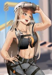 Rule 34 | 1girl, absurdres, bandaid, bandaid on face, bare shoulders, belt, black shirt, blonde hair, blue eyes, blurry, blush, breasts, centi (nikke), cleavage, crop top, depth of field, goddess of victory: nikke, hand on own hip, helmet, highres, long hair, medium breasts, navel, outdoors, pants, s3t, shirt, solo, sweat, two-tone shirt