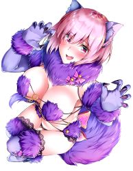 Rule 34 | 1girl, animal ears, bare shoulders, blush, breasts, cleavage, elbow gloves, fang, fate/grand order, fate (series), fur-trimmed gloves, fur collar, fur trim, gloves, hair over one eye, halloween costume, highres, lace, lace-trimmed legwear, lace trim, large breasts, len (hand linke), light purple hair, looking at viewer, mash kyrielight, mash kyrielight (dangerous beast), o-ring, official alternate costume, open mouth, purple eyes, purple gloves, purple thighhighs, revealing clothes, short hair, simple background, smile, tail, thighhighs, thighs, wolf ears, wolf tail