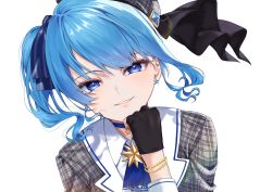 Rule 34 | 1girl, absurdres, ascot, beret, blue eyes, blue hair, bracelet, choker, ear piercing, gloves, hat, highres, hololive, hoshimachi suisei, hoshimachi suisei (1st costume), jewelry, looking at viewer, parted lips, partially fingerless gloves, piercing, plaid, plaid shirt, shirt, side ponytail, simple background, smile, solo, star (symbol), star in eye, symbol in eye, upper body, virtual youtuber, white background, yuuyu (moco20111115)