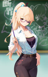 Rule 34 | 1girl, absurdres, alternate costume, alternate hairstyle, belt, black pants, black shirt, blonde hair, blurry, blurry background, breasts, chalkboard, cleavage, closed mouth, commentary request, contemporary, cowboy shot, fischl (genshin impact), genshin impact, green eyes, hand up, highres, holding, holding pointer, indoors, jingtailan, large breasts, long hair, looking at viewer, medium breasts, one eye covered, pants, pointer, ponytail, purple-framed eyewear, purple undershirt, shirt, shirt tucked in, sleeves rolled up, solo, teacher, uniform, white shirt
