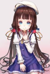 Rule 34 | 10s, ahoge, aloniar, blue eyes, frills, hat, highres, hinatsuru ai, long hair, long sleeves, looking at viewer, ryuuou no oshigoto!, school uniform, sitting, smile, solo, twintails