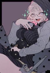 Rule 34 | 1girl, animal, animal on lap, breasts, coat, fate/grand order, fate (series), glasses, grey hair, highres, hood, jacques de molay (foreigner) (fate), lamb, medium breasts, on lap, padded coat, purple eyes, raikoko19, sheep, sparkling eyes, sword, weapon