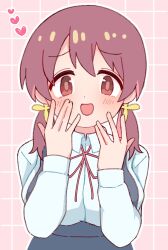 Rule 34 | 1girl, :d, breasts, brown hair, commentary, dot mouth, grid background, hair between eyes, hands on own face, heart, highres, large breasts, light blush, light smile, long hair, long sleeves, looking at viewer, low twintails, murosaki miyo, neck ribbon, onii-chan wa oshimai!, open mouth, outline, pink background, red eyes, red ribbon, ribbon, school uniform, shirt, simple background, skirt, smile, solo, suspender skirt, suspenders, symbol-only commentary, grid background, twintails, upper body, white outline, white shirt, wing collar, wow 357