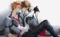 Rule 34 | 2boys, ahoge, alternate costume, black gloves, black necktie, black pants, blood, blood on clothes, blue eyes, brown hair, couple, darkavey, feet out of frame, genshin impact, gloves, gradient hair, grey shirt, hair between eyes, highres, jacket, leaning on person, long hair, male focus, midriff peek, multicolored hair, multiple boys, necktie, open clothes, open jacket, pants, partially unbuttoned, playing with another&#039;s hair, ponytail, seductive smile, shirt, short hair, smile, tartaglia (genshin impact), yaoi, yellow eyes, zhongli (genshin impact), zipper
