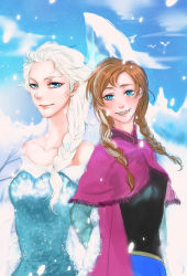 Rule 34 | 2girls, anna (frozen), blue eyes, braid, brown hair, cape, collarbone, disney, dress, elsa (frozen), fengyoung, frozen (disney), hair slicked back, highres, lipstick, long hair, makeup, multiple girls, open mouth, ponytail, princess, queen, sequins, siblings, sisters, smile, snow, twin braids, white hair