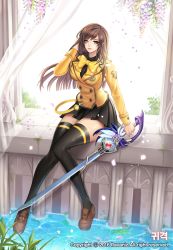 Rule 34 | 10s, 1girl, 2016, artist name, black skirt, black thighhighs, blade &amp; soul, blazer, bow, brown eyes, brown hair, curtains, flower, full body, tucking hair, highres, holding, holding sword, holding weapon, jacket, lips, loafers, long hair, looking at viewer, miniskirt, petals, pleated skirt, ravaniz, school uniform, shoes, sitting, skirt, solo, sword, thighhighs, water, weapon, wind, wisteria, zettai ryouiki