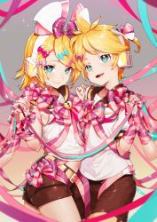 Rule 34 | 1boy, 1girl, absurdres, aqua nails, bare shoulders, belt, black collar, black shorts, blonde hair, blue eyes, bow, brother and sister, collar, cowboy shot, crop top, hair bow, hair ribbon, headphones, headset, heart, heart in eye, highres, holding hands, jewelry, kagamine len, kagamine rin, locket, looking at viewer, midriff, nail polish, navel, open mouth, pendant, pepen (singing-cat), pink nails, purple nails, ribbon, sailor collar, school uniform, shirt, short hair, short ponytail, short shorts, short sleeves, shorts, siblings, side-by-side, smile, sparkle, spiked hair, streamers, swept bangs, symbol in eye, twins, vocaloid, white bow, white shirt