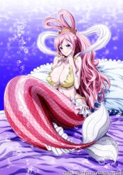 Rule 34 | 1girl, bikini, blue eyes, blush, breasts, cleavage, fish hair ornament, hair ornament, highres, jewelry, large breasts, long hair, looking at viewer, mermaid, monster girl, nel-zel formula, one piece, pink hair, shawl, shirahoshi, smile, solo, swimsuit, very long hair