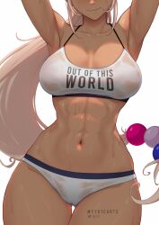 Rule 34 | 1girl, abs, absurdres, alternate costume, armpits, arms up, artist name, blonde hair, blush, breasts, breasts apart, buruma, cameltoe, closed mouth, collarbone, commentary, cowboy shot, curvy, dark-skinned female, dark skin, english commentary, gluteal fold, hair ornament, highres, hololive, hololive english, large breasts, light brown hair, long hair, muscular, muscular female, myth1carts, navel, patreon logo, pixiv logo, planet hair ornament, see-through, simple background, smile, solo, sports bra, stomach, sweat, thigh gap, thighs, toned, tsukumo sana, twitter logo, virtual youtuber, watermark, wet, wet clothes, white background, white buruma, white sports bra, wide hips