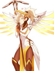 Rule 34 | 1girl, blonde hair, halo, highres, mechanical halo, mechanical wings, mercy (overwatch), overwatch, overwatch 1, pantyhose, sally (luna-arts), short ponytail, smile, solo, staff, wings, yellow wings
