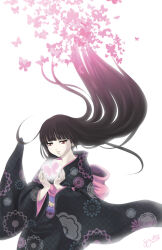 Rule 34 | 1girl, black hair, blunt bangs, bug, butterfly, cowboy shot, dated, enma ai, highres, insect, japanese clothes, jigoku shoujo, kimono, long hair, long sleeves, obi, parted lips, pink butterfly, print kimono, red eyes, sash, signature, simple background, solo, tturururu, very long hair, white background, wide sleeves