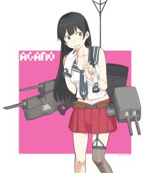 Rule 34 | 10s, 1girl, agano (kancolle), artist name, asymmetrical legwear, black hair, border, breasts, cannon, character name, cleavage, dated, garter straps, gloves, green eyes, kantai collection, kawashina (momen silicon), long hair, machinery, midriff, miniskirt, necktie, outside border, pink background, pleated skirt, removing glove, school uniform, serafuku, simple background, single thighhigh, skirt, sleeveless, solo, thighhighs, uneven legwear, white background, white gloves
