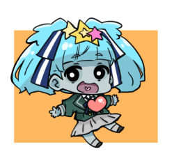 Rule 34 | 1girl, :d, black footwear, blazer, blue hair, blue ribbon, bow, chibi, colored skin, commentary request, full body, green jacket, grey skin, grey skirt, grey socks, hair bow, hair ornament, heart, heart in mouth, hoshikawa lily, jacket, looking at viewer, neck ribbon, nozo (hitomiz), open mouth, orange background, pleated skirt, ribbon, shirt, shoes, skirt, smile, socks, solo, star (symbol), star hair ornament, striped, striped bow, twintails, two-tone background, white background, white shirt, zombie land saga