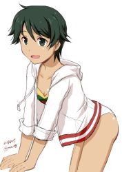 Rule 34 | 1girl, bikini, bikini under clothes, black hair, breasts, cowboy shot, drawstring, green eyes, hood, hooded jacket, hoodie, jacket, kantai collection, leaning forward, mogami (kancolle), multicolored bikini, multicolored clothes, nao (nao eg), short hair, simple background, small breasts, solo, swimsuit, white background, white jacket
