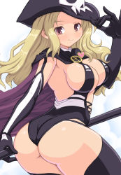 Rule 34 | 10s, 1girl, arm behind back, arm up, ass, black hat, black thighhighs, blonde hair, blue background, blush, breasts, cape, cleavage, cowboy shot, detached sleeves, elbow gloves, from behind, from side, gloves, gyaru, hands on headwear, hat, hat tip, heart, huge ass, kihaiu, kogal, large breasts, leotard, long hair, looking at viewer, looking back, pirate hat, red eyes, revealing clothes, senran kagura, senran kagura shinovi versus, shiki (senran kagura), simple background, skull, smile, solo, standing, thighhighs, thighs, two-sided cape, two-sided fabric, wavy hair, wedgie