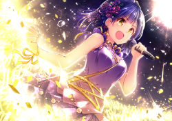 Rule 34 | 10s, 1girl, :d, bad id, bad pixiv id, blue hair, clenched hand, crying, dress, flower, gradient background, hair flower, hair ornament, idolmaster, idolmaster million live!, ima (lm ew), microphone, nanao yuriko, open mouth, ribbon, smile, solo, wrist ribbon, yellow eyes