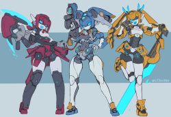 Rule 34 | 3girls, absurdres, blue eyes, blue sclera, blue tongue, closed mouth, colored sclera, colored tongue, expressionless, fang, highres, holding, holding weapon, lc butter, looking at viewer, mecha musume, multiple girls, one eye closed, open mouth, original, robot, smile, twitter username, weapon
