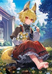 Rule 34 | 1girl, animal ears, barefoot, blonde hair, blue sky, blush, bouquet, bright pupils, building, cloud, day, dress, feet, flower, fox ears, fox tail, full body, grass, highres, holding, holding bouquet, holding flower, horns, komota (kanyou shoujo), long sleeves, looking at viewer, nature, original, outdoors, red eyes, shoes, unworn shoes, short hair, sitting, sky, smile, solo, tail, toes, tree, white pupils
