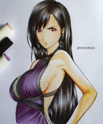 Rule 34 | 1girl, artist name, black hair, breasts, dress, final fantasy, final fantasy vii, final fantasy vii remake, hand on own hip, highres, large breasts, long hair, looking at viewer, parted lips, red eyes, sideboob, solo, square enix, tifa lockhart, traditional media, wall market