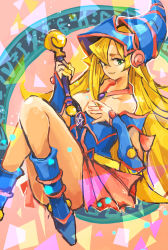 Rule 34 | 1girl, bare shoulders, big hair, blonde hair, blue footwear, boots, breasts, cleavage, commentary, dark magical circle, dark magician girl, duel monster, english commentary, floating, gem, green eyes, hat, highres, jewelry, knees together feet apart, legs up, long hair, looking at viewer, m03 me, medium breasts, necklace, solo, staff, strapless, vambraces, wizard hat, yu-gi-oh!, yuu-gi-ou, yu-gi-oh! duel monsters