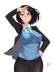 Rule 34 | 10s, 1girl, aori sora, arm up, black hair, blazer, blue eyes, blush, breasts, closed mouth, collared shirt, dragon girl, elma (maidragon), glasses, gradient hair, hand on own hip, highres, jacket, kobayashi-san chi no maidragon, large breasts, long sleeves, looking at viewer, multicolored hair, necktie, office lady, pink lips, salute, shirt, short hair, signature, skirt, smile, solo, sweater vest, two-tone hair, white background