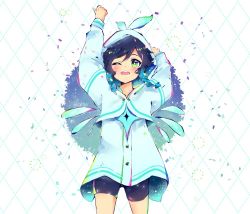 Rule 34 | 1boy, androgynous, arms up, barbatos (genshin impact), black hair, black shorts, blue hair, blush, braid, cloak, confetti, detached wings, genshin impact, gradient hair, green eyes, hood, hood up, hooded cloak, long sleeves, looking at viewer, male focus, multicolored hair, nicairus, one eye closed, open mouth, short hair with long locks, shorts, simple background, smile, solo, twin braids, venti (genshin impact), white background, wings