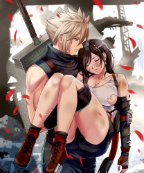 Rule 34 | 1boy, 1girl, ass, blonde hair, blue eyes, breasts, carrying, cleavage, closed eyes, cloud strife, collarbone, dirty, earrings, final fantasy, final fantasy vii, fingerless gloves, gloves, highres, jewelry, large breasts, legs, long hair, looking at another, princess carry, rubble, shoes, spiked hair, square enix, suspenders, sword, thighs, tifa lockhart, torn clothes, turtleneck, weapon