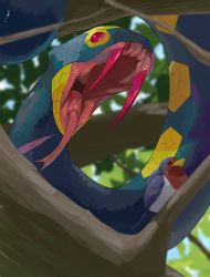 Rule 34 | absurdres, bird, blurry, branch, commentary request, creatures (company), day, fangs, from below, game freak, gen 3 pokemon, highres, in tree, nintendo, no humans, open mouth, outdoors, pokemon, pokemon (creature), red eyes, scales, seviper, snake, taillow, tongue, tree, yunimaru