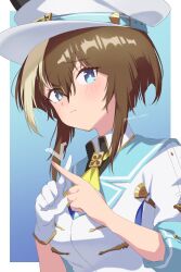 Rule 34 | 1girl, animal ears, blue background, blush, breasts, brown hair, cheval grand (umamusume), closed mouth, commentary request, gloves, hair between eyes, hair ornament, hat, highres, horse ears, looking at viewer, medium breasts, medium hair, portrait, renma (renma 0503), simple background, single glove, solo, twitter username, umamusume, uniform