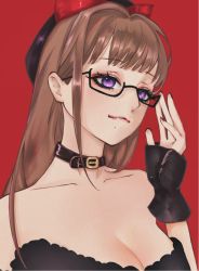 Rule 34 | 1girl, beret, black gloves, bow, breasts, brown hair, chinese commentary, cleavage, collarbone, fang, fang out, fingerless gloves, glasses, gloves, hair behind ear, hair bow, hair intakes, hat, long hair, looking ahead, medium breasts, mole, mole under mouth, nijisanji, purple eyes, red background, red bow, ruruna (vtuber), ruruna (vtuber) (artist), ruruna official, smile, solo, virtual youtuber, virtuareal