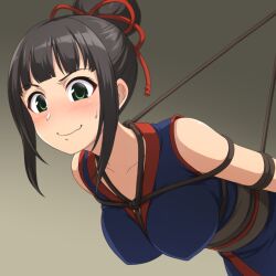 Rule 34 | 1girl, bare arms, bare shoulders, black hair, blue kimono, blunt bangs, blush, bound, bow, breasts, brown bow, closed mouth, collarbone, dot nose, from below, gradient background, green eyes, grey background, hair bow, hair bun, hair ribbon, hamaguchi ayame, idolmaster, idolmaster cinderella girls, idolmaster cinderella girls starlight stage, japanese clothes, kimono, large breasts, leaning forward, long hair, looking ahead, looking at another, medium breasts, ninja, pataneet, red ribbon, restrained, ribbon, shibari, shibari over clothes, sidelocks, single hair bun, sleeveless, sleeveless kimono, smile, solo, sweatdrop, tareme, upper body, v-shaped eyebrows, waist bow, wavy mouth